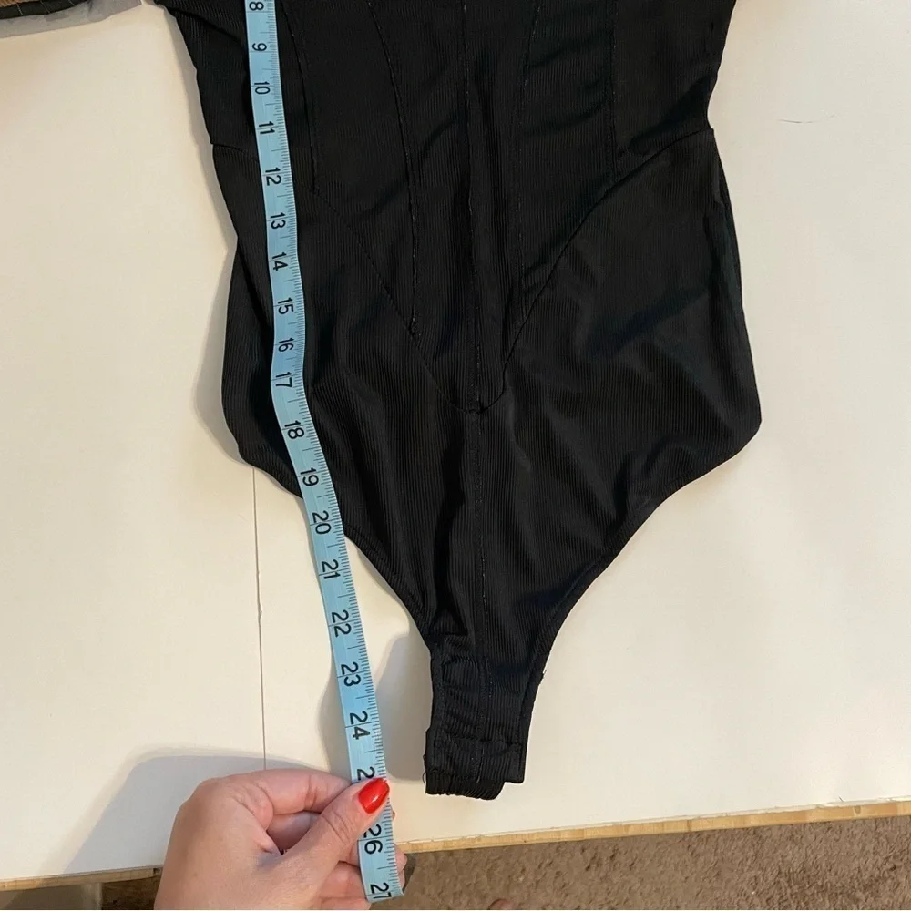 Free People Intimately Black Ribbed Thong Back Bodysuit Front Detail Size Small